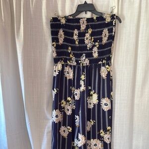 Blue Strapless Unlined Jumpsuit with Cream Floral Pattern